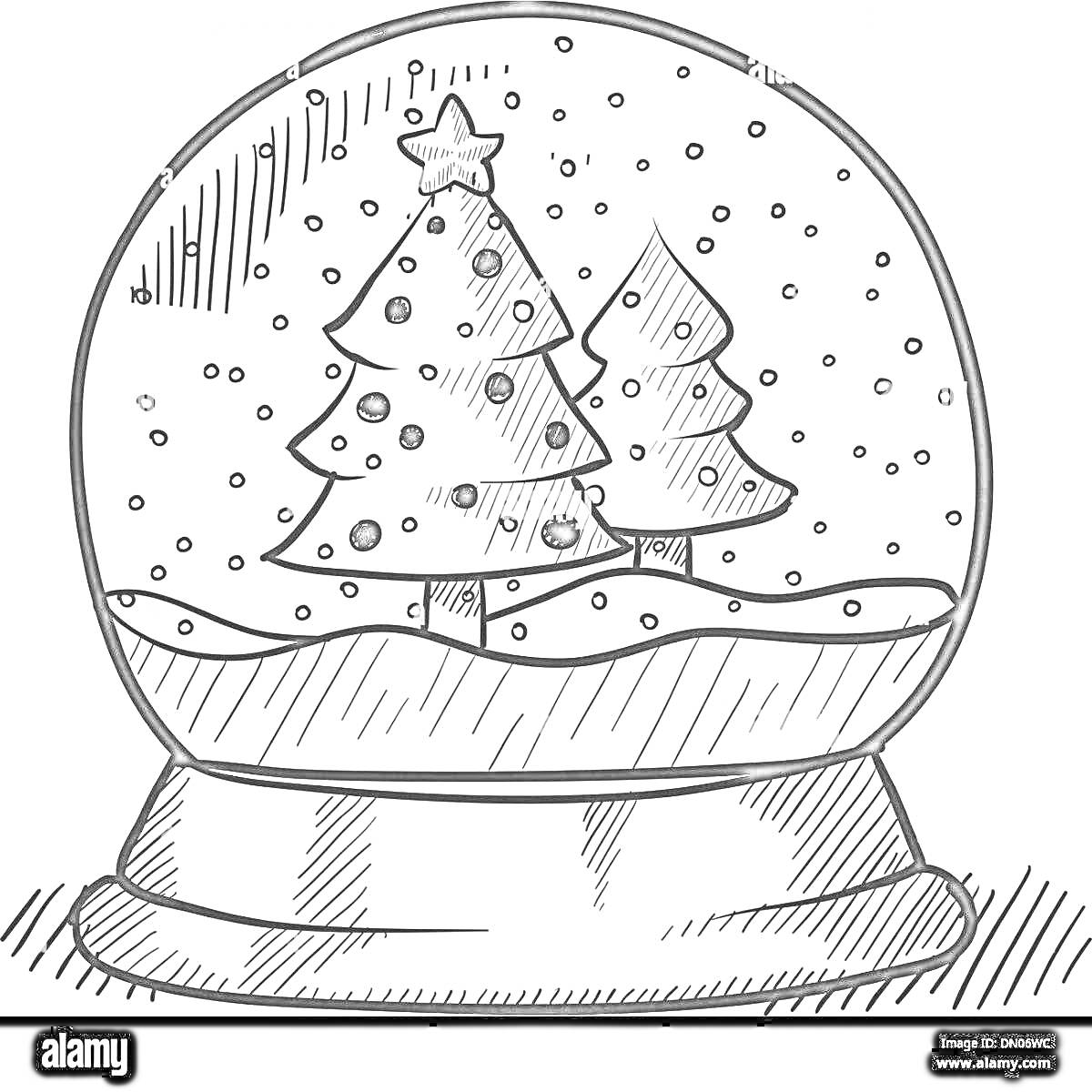 На раскраске изображено: Снег, Ёлки, Подставка, Деревья, Новогодние украшения, Зимний пейзаж, Новогодний декор