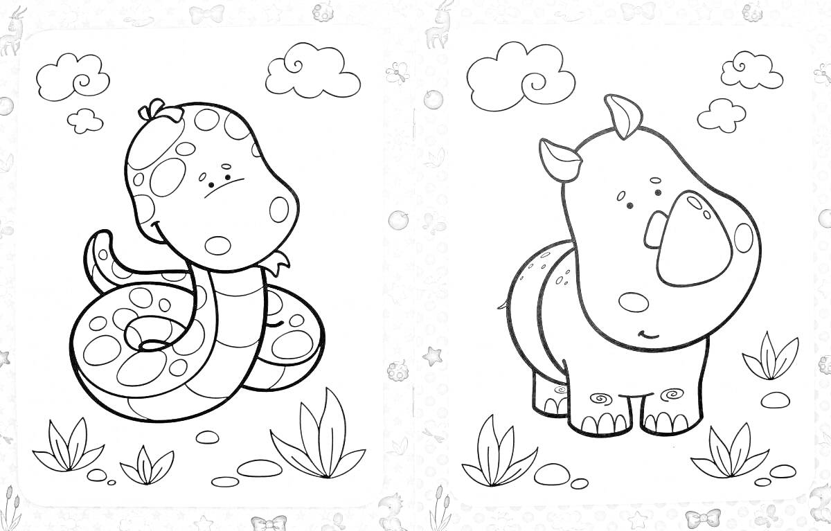 На раскраске изображено: Носорог, Облака, Трава, 2 года, Для детей, Змеи