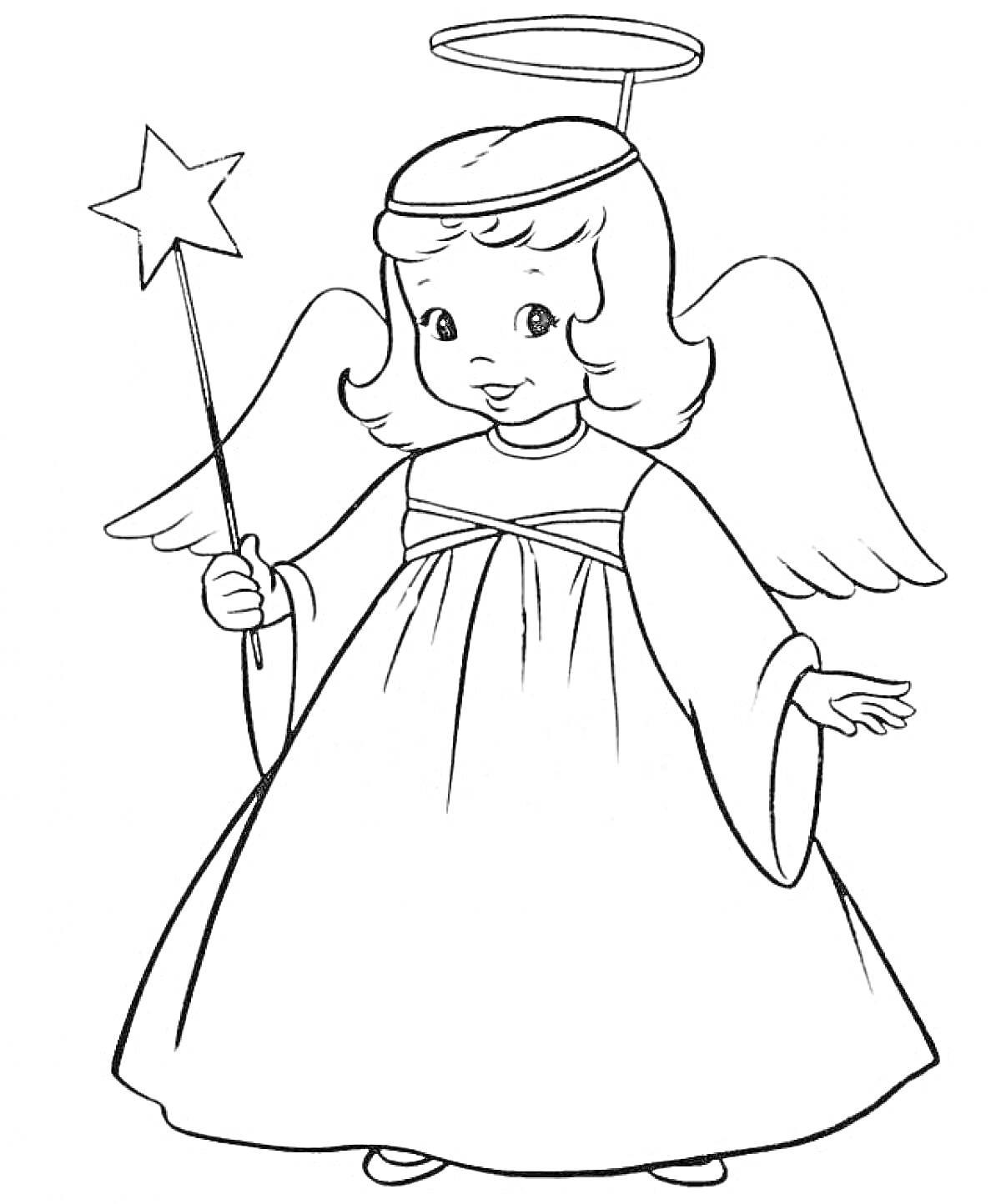 Раскраска Девочка-ангел с волшебной палочкой