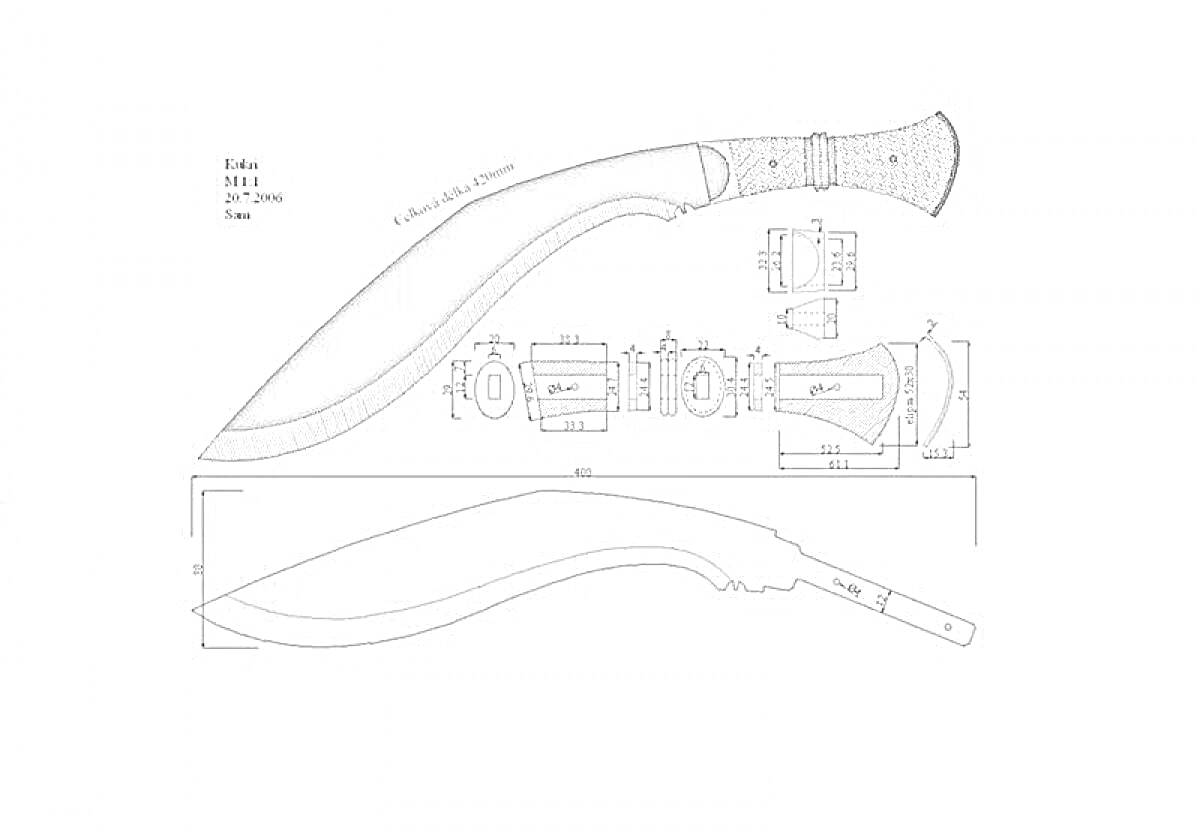 Раскраска Схематическое изображение ножа кукри с размерами и различными видами профилей
