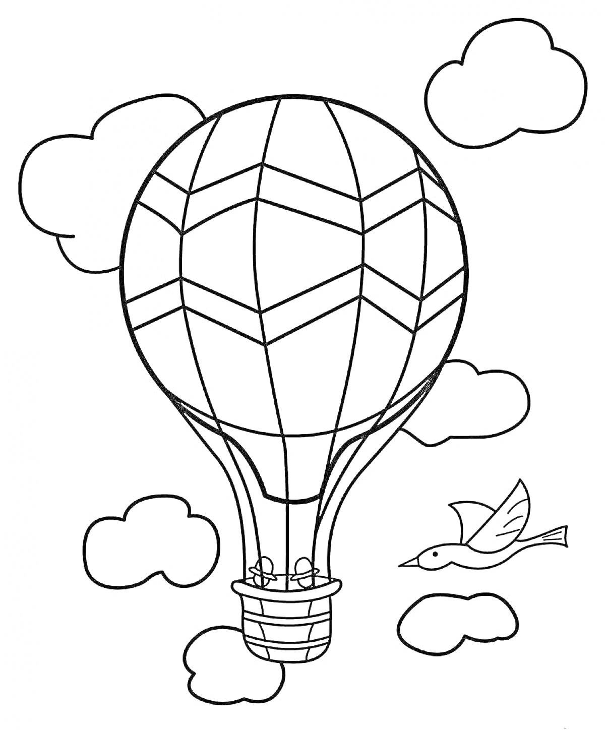 Раскраска Воздушный шар с узором в небе с облаками и птицей