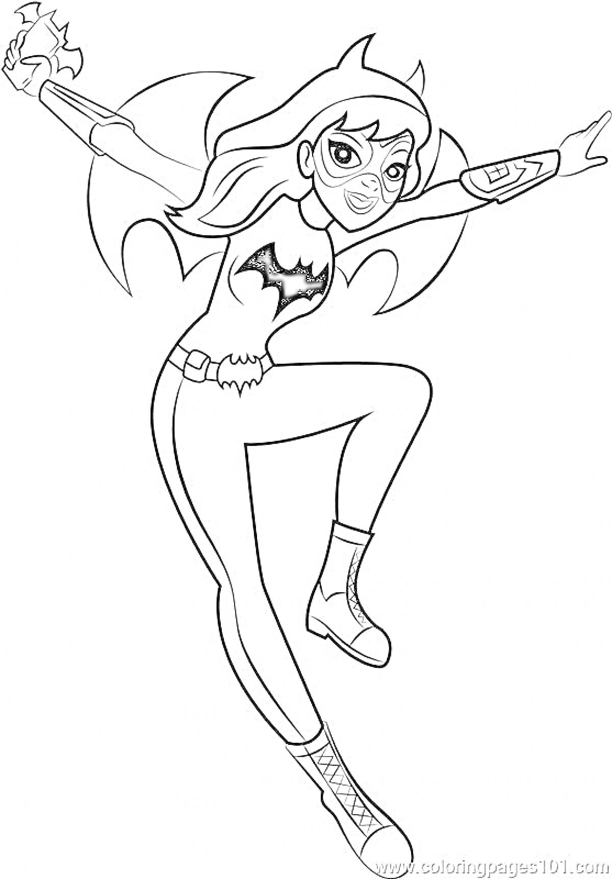 Раскраска Девочка-супергерой в маске, с плащом и символом летучей мыши на костюме