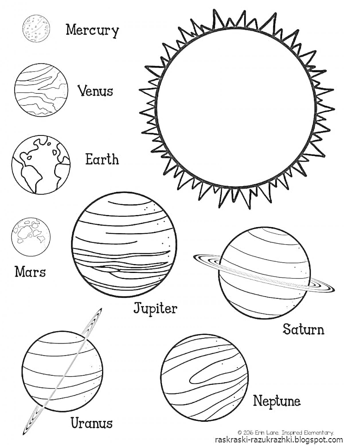 Раскраска - Солнце: солнечный диск с лучами вокруг - Меркурий: маленькая планета с кратерами - Венера: планета с линиями, похожими на облака - Земля: планета с изображенными континентами - Марс: небольшая планета с кратерами - Юпитер: большая планета с полосами - С