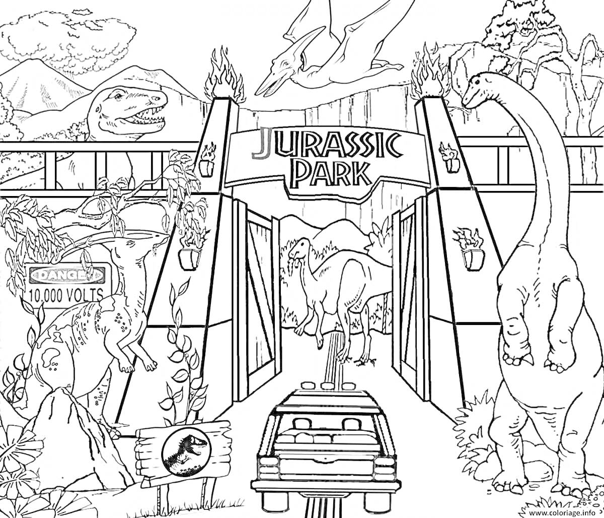 Раскраска Болотоход с шестиколёсным приводом на фоне деревьев