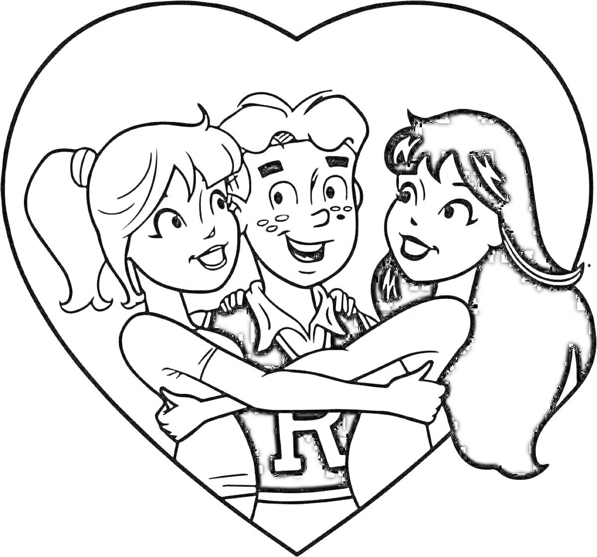 Раскраска Три персонажа в обнимку в форме сердца