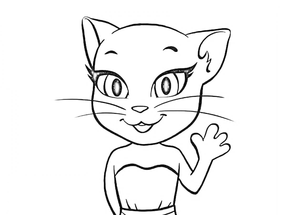 Раскраска Кошка с милым выражением лица, машущая лапой