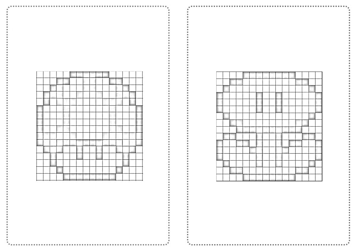 Раскраска Пиксельные арты с грибом из игры и нераскрашенным монстром с большими глазами.