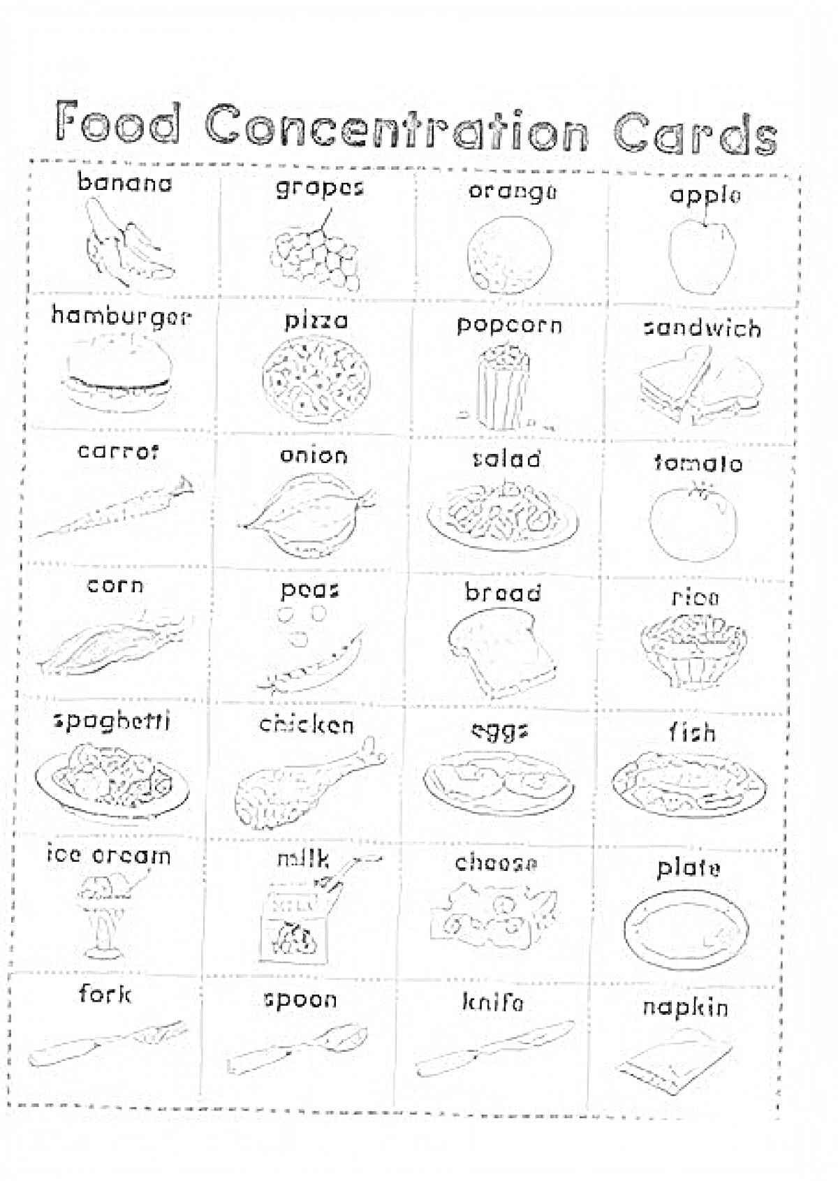 Food Concentration Cards - Banana, Grapes, Orange, Apple, Hamburger, Pizza, Popcorn, Sandwich, Carrot, Onion, Salad, Tomato, Corn, Peas, Bread, Fish, Spaghetti, Chicken, Eggs, Fish, Ice Cream, Milk, Cheese, Plate, Fork, Spoon, Knife, Napkin