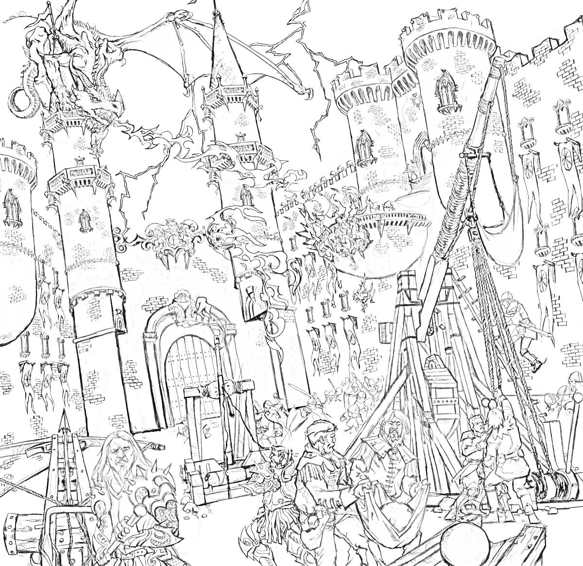 Раскраска Осадный замок с драконами, воинами и требюшетами