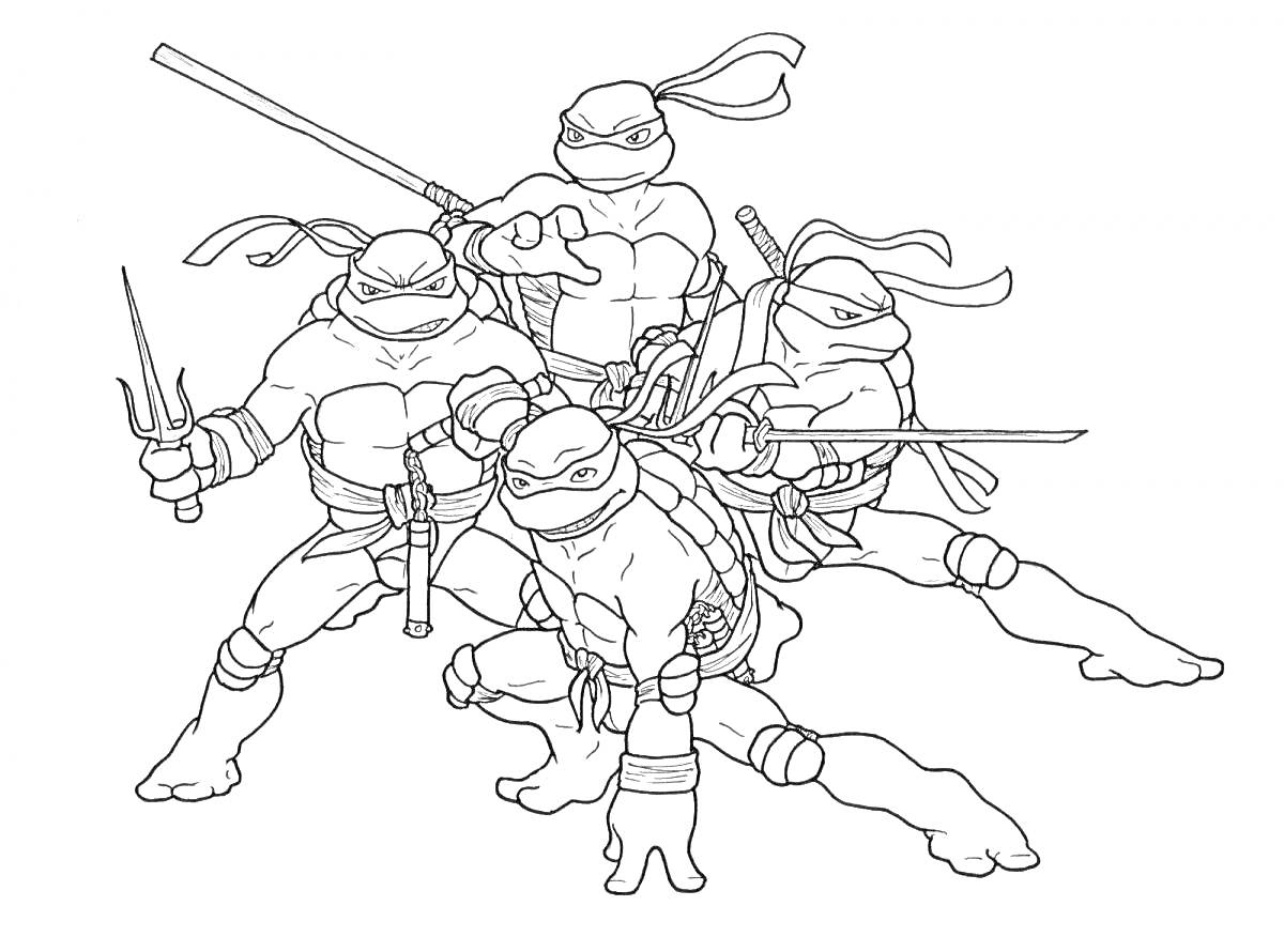 Раскраска Черепашки-ниндзя с оружием: меч, посох, сай, нунчаки