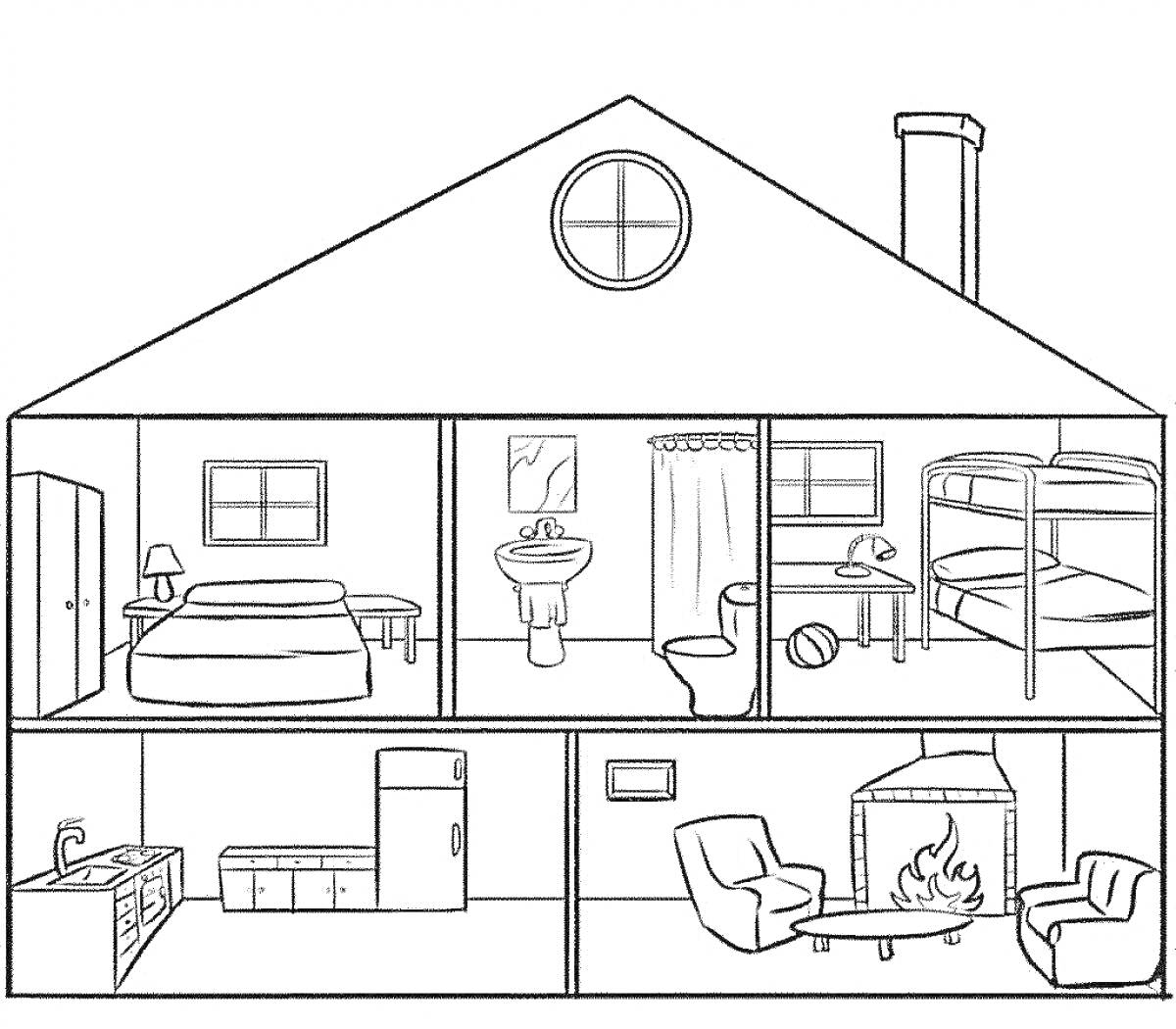 Раскраска Дом с элементами: большая кровать, тумбочка с лампой, окно, раковина, зеркало, туалет, душевая занавеска, двухъярусная кровать, письменный стол, мяч, диван, два кресла, камин, картина, холодильник, кухонный шкаф, раковина, тумба с выдвижными ящиками, плит