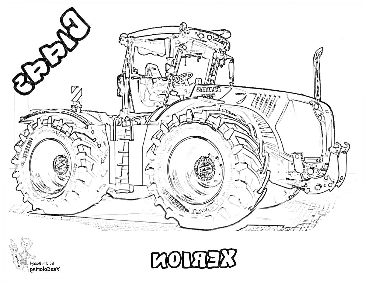 Раскраска Трактор Кировец в профиль с крупными шинами на переднем и заднем мостах, кабиной водителя, передними и задними фарами, выхлопной трубой и логотипом.