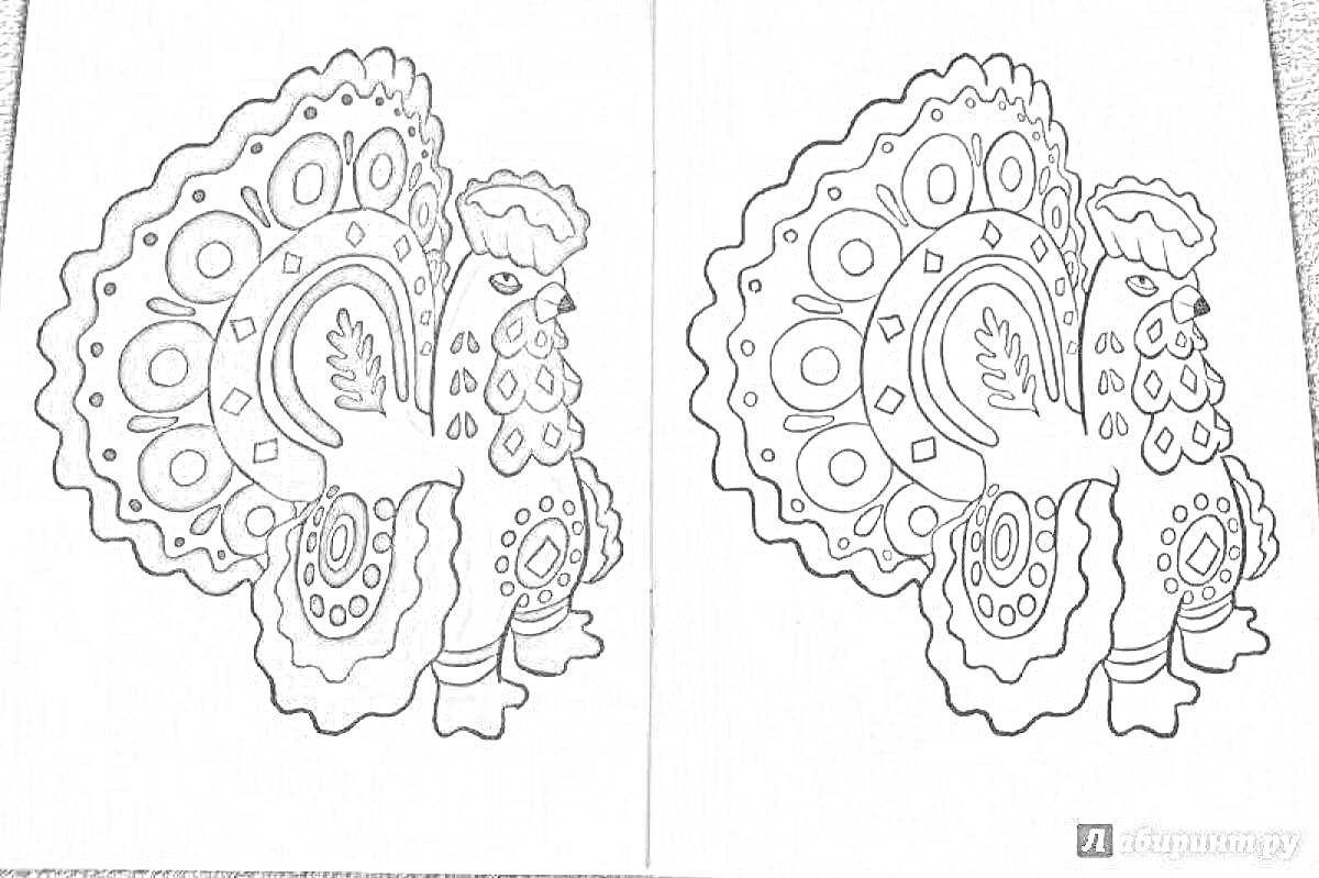 Раскраска Раскраска дымковского индюка с узорами на хвосте и туловище
