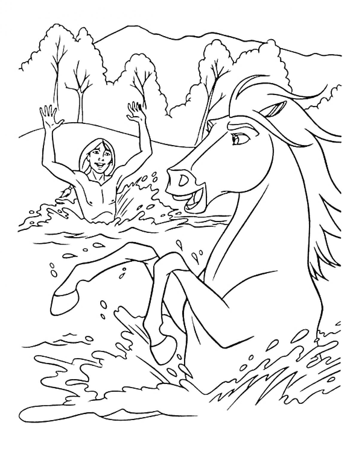 Раскраска Человек в воде с поднятыми руками и лошадь, стоящая на задних ногах в реке на фоне деревьев и холмов.