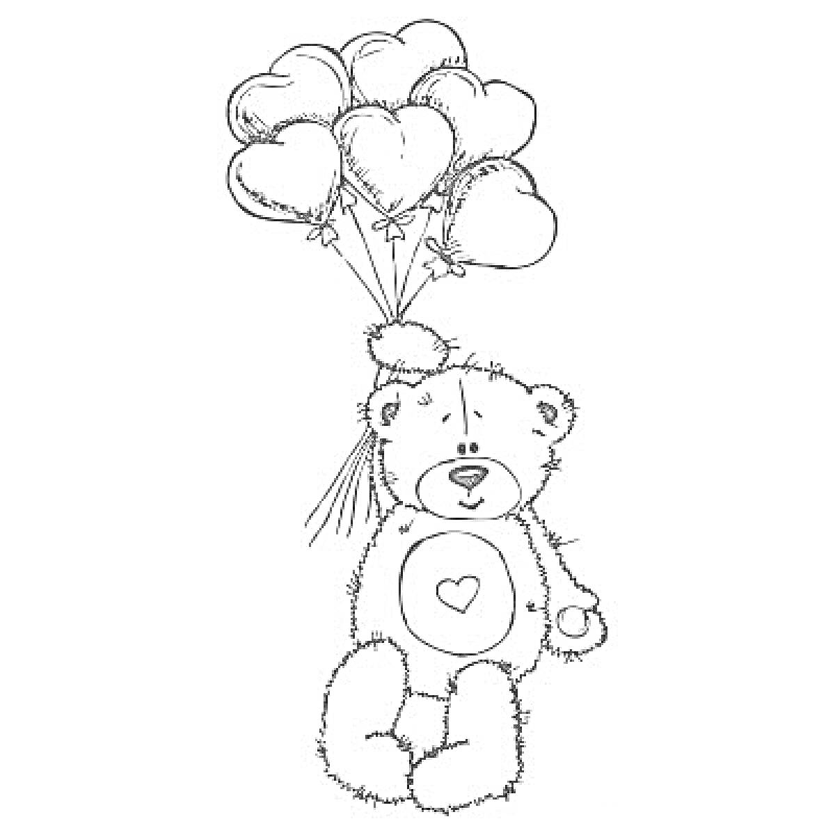 На раскраске изображено: Мишка Тедди, Воздушные шары, Плюшевый медведь, Игрушки, Медведь, Сердца, Шары
