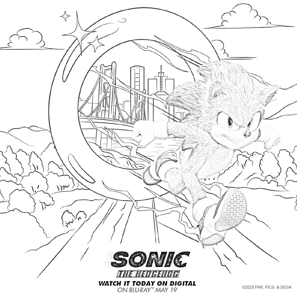 Раскраска Соник в кино, бегущий по мосту с кольцом на заднем плане и надписью Sonic the Hedgehog внизу