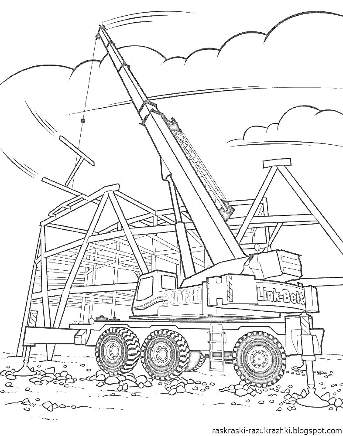 Раскраска Кран на строительной площадке с поднимаемой балкой и строящимся зданием