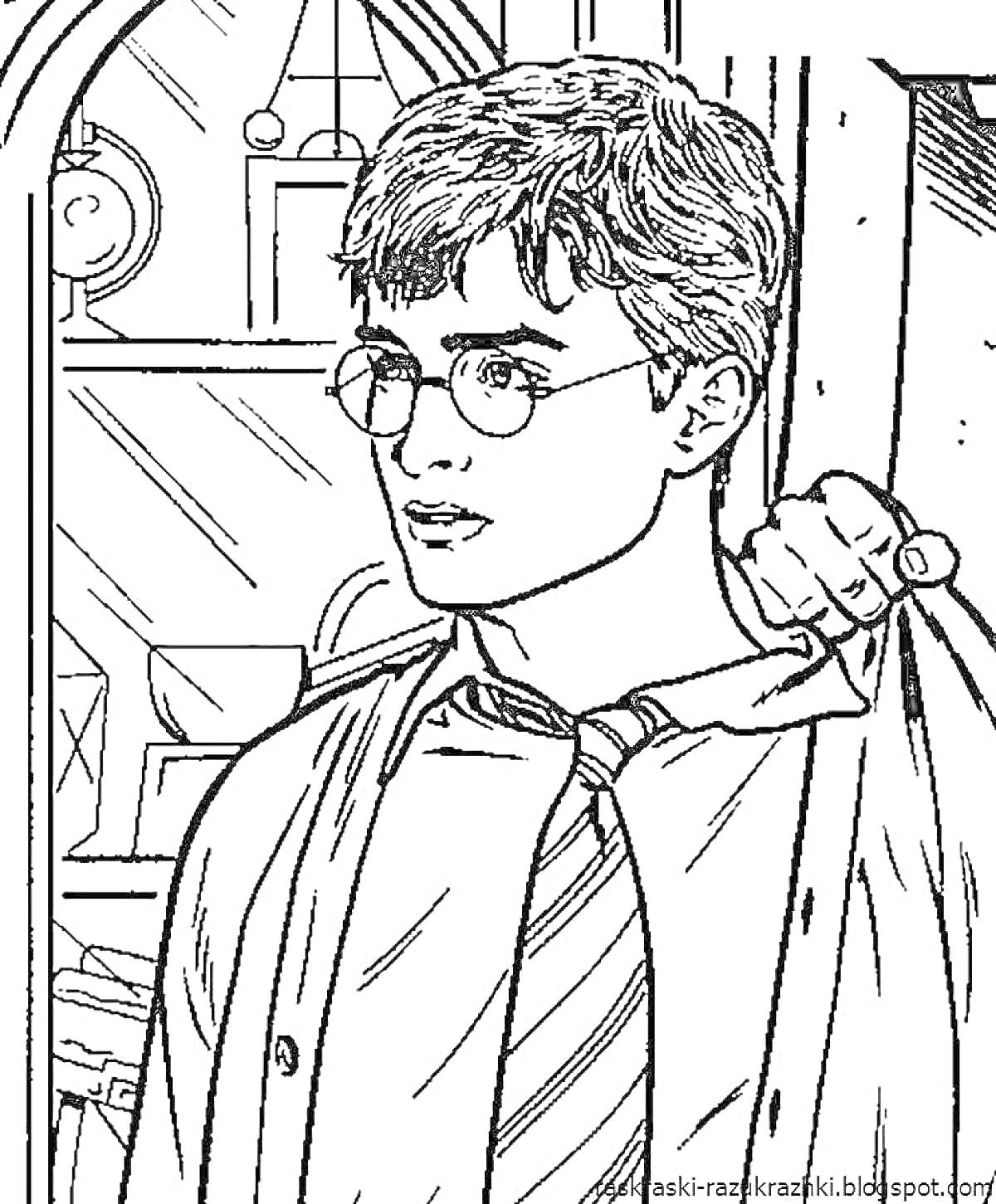 Раскраска Гарри Поттер в галстуке внутри здания рядом с окном и книжным шкафом