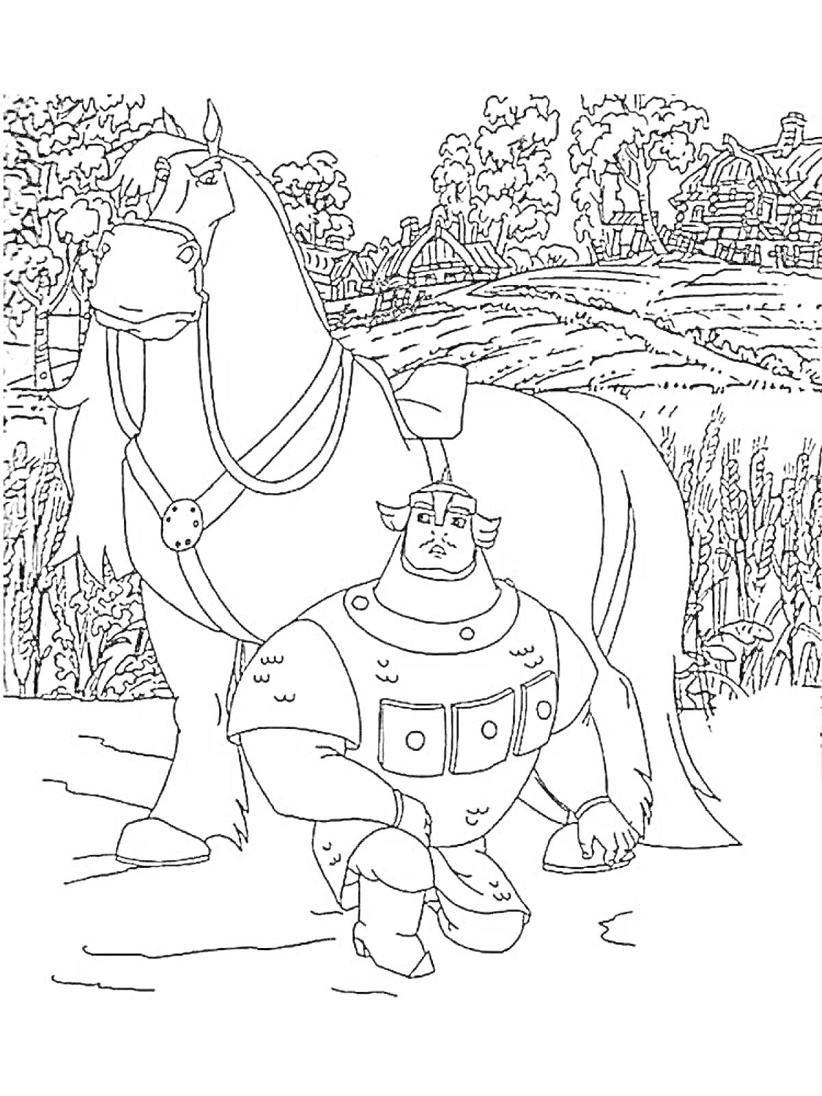 Богатырь с конем на фоне деревни