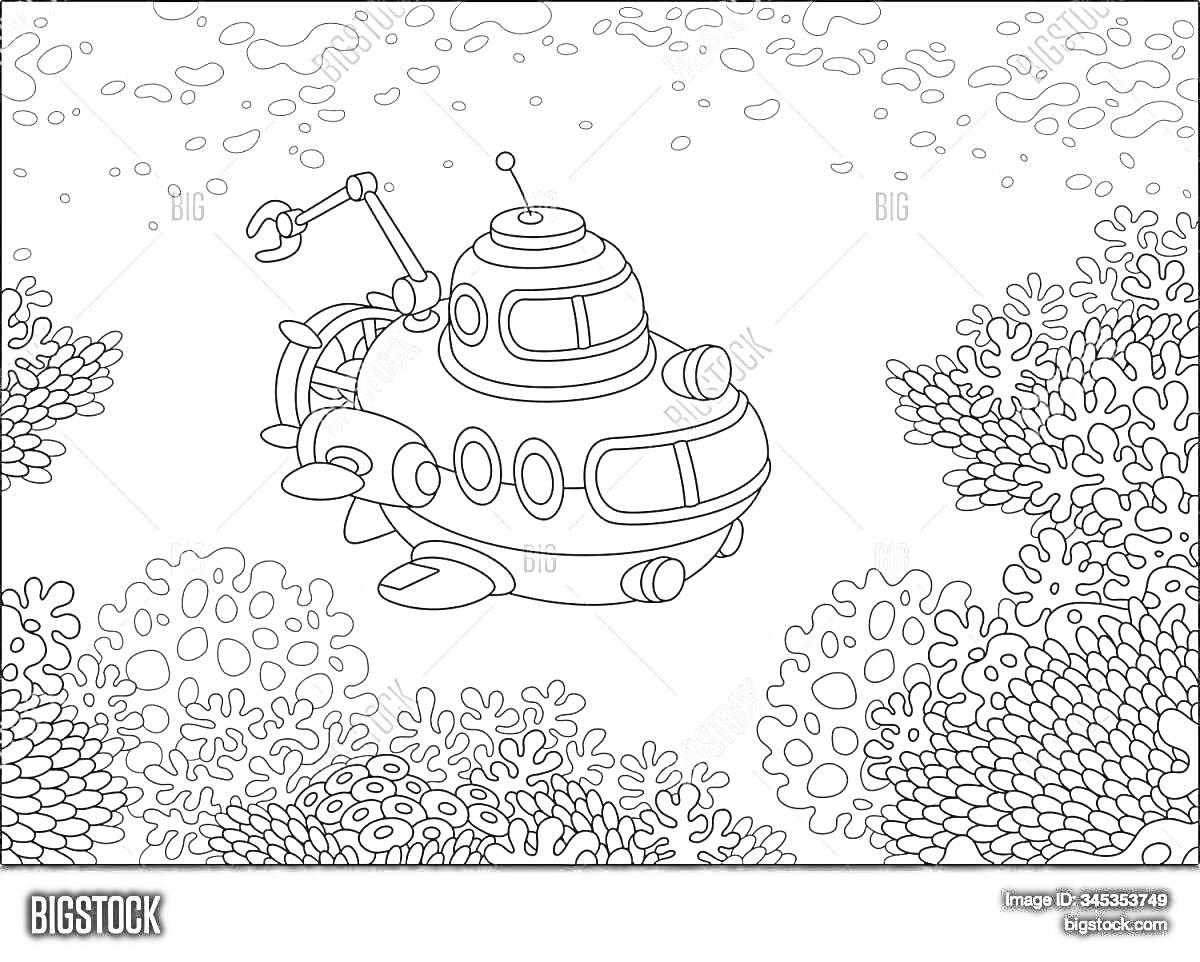 На раскраске изображено: Подводная лодка, Кораллы, Подводный мир, Дно океана, Вода, Перископ, Манипулятор, Иллюминаторы