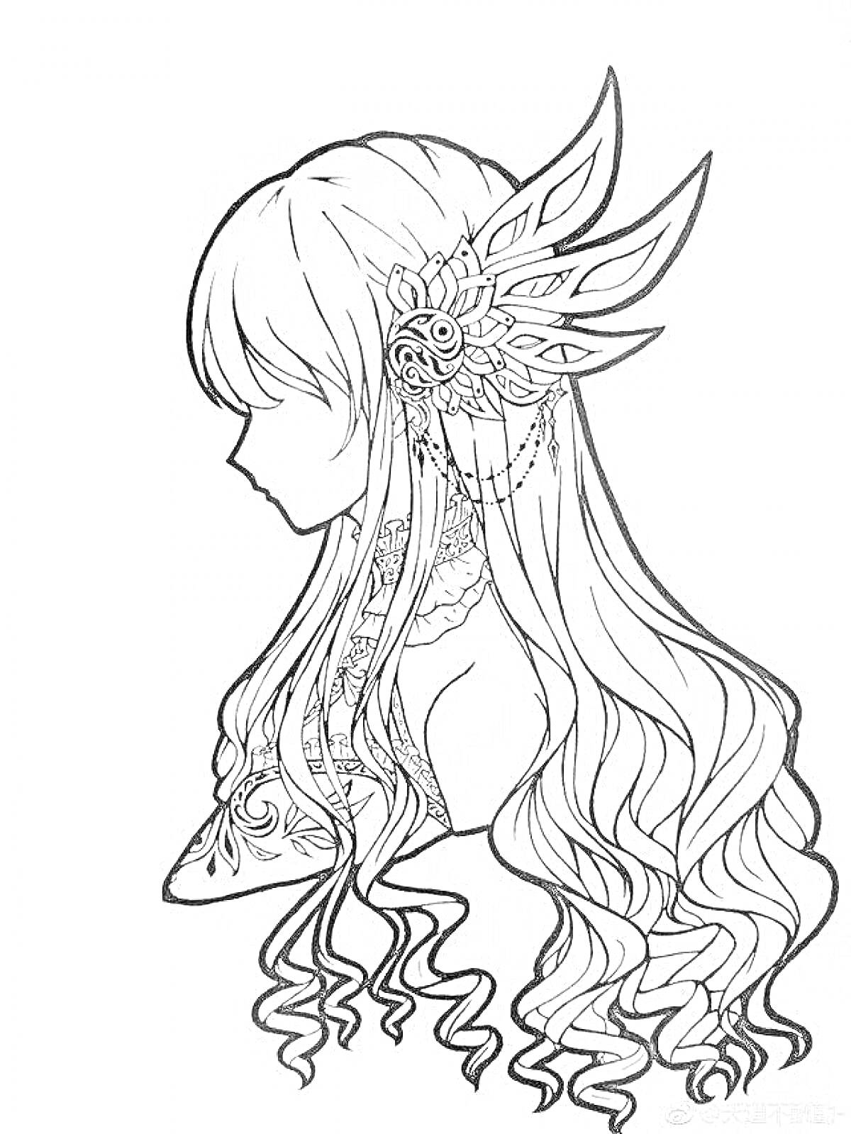 Раскраска Аниме эльф с длинными волнистыми волосами и украшением в виде лепестков на голове