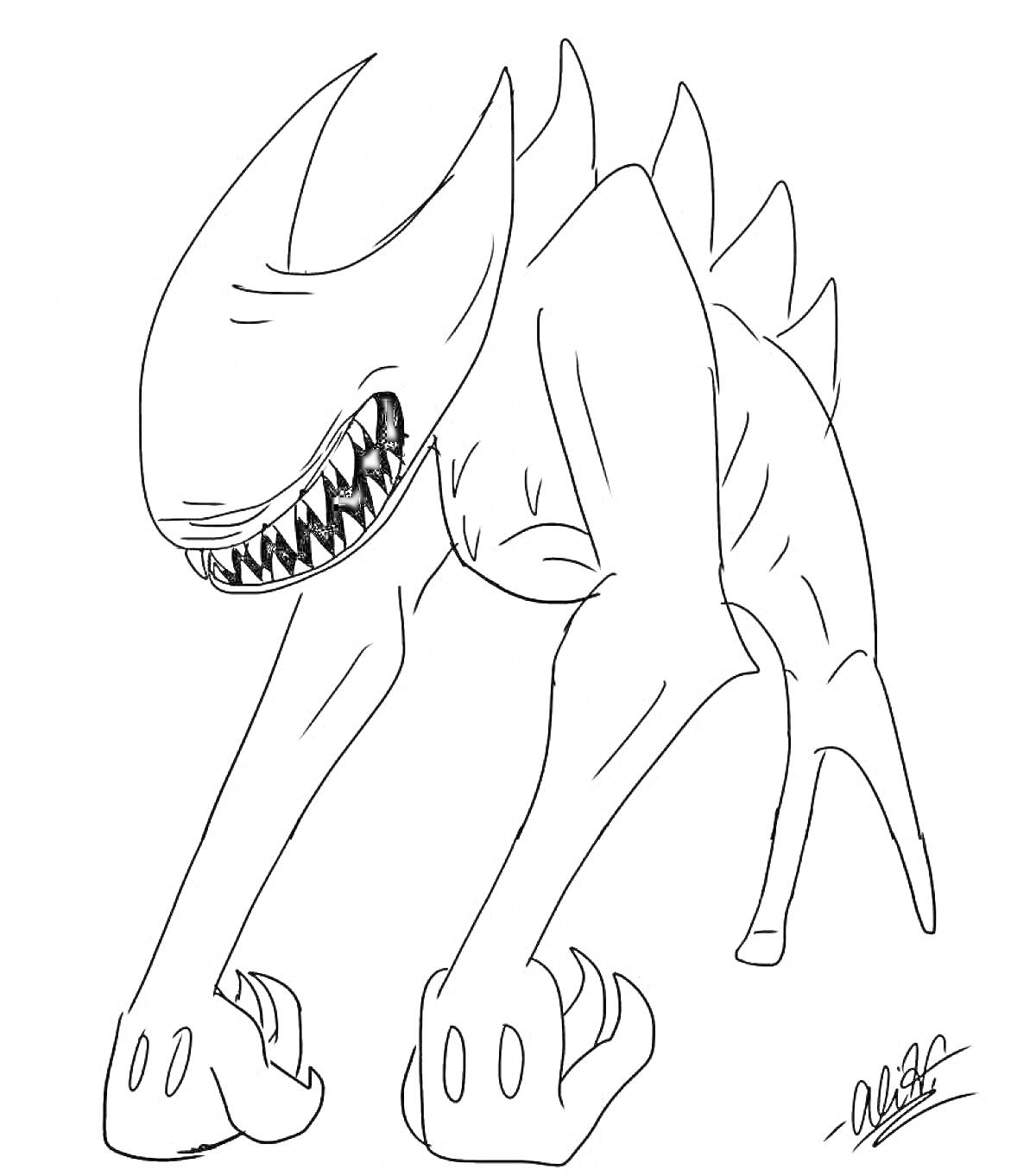 Раскраска Монстр с острыми зубами и шипами на спине из вселенной Бенди