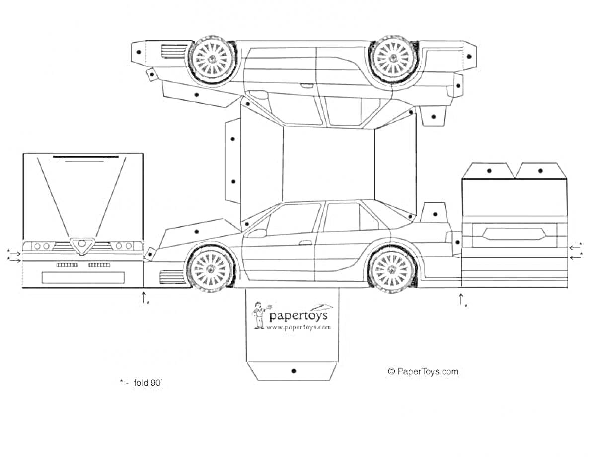 Раскраска Бумажная модель машины-седана с деталями кузова и колес