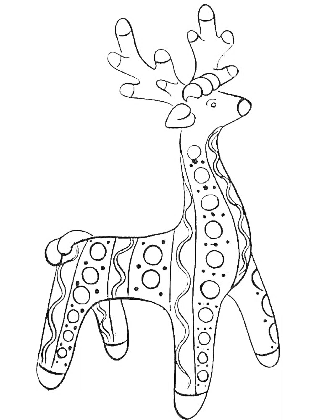 Раскраска Филимоновская игрушка олень с орнаментом, состоящим из кругов и волн
