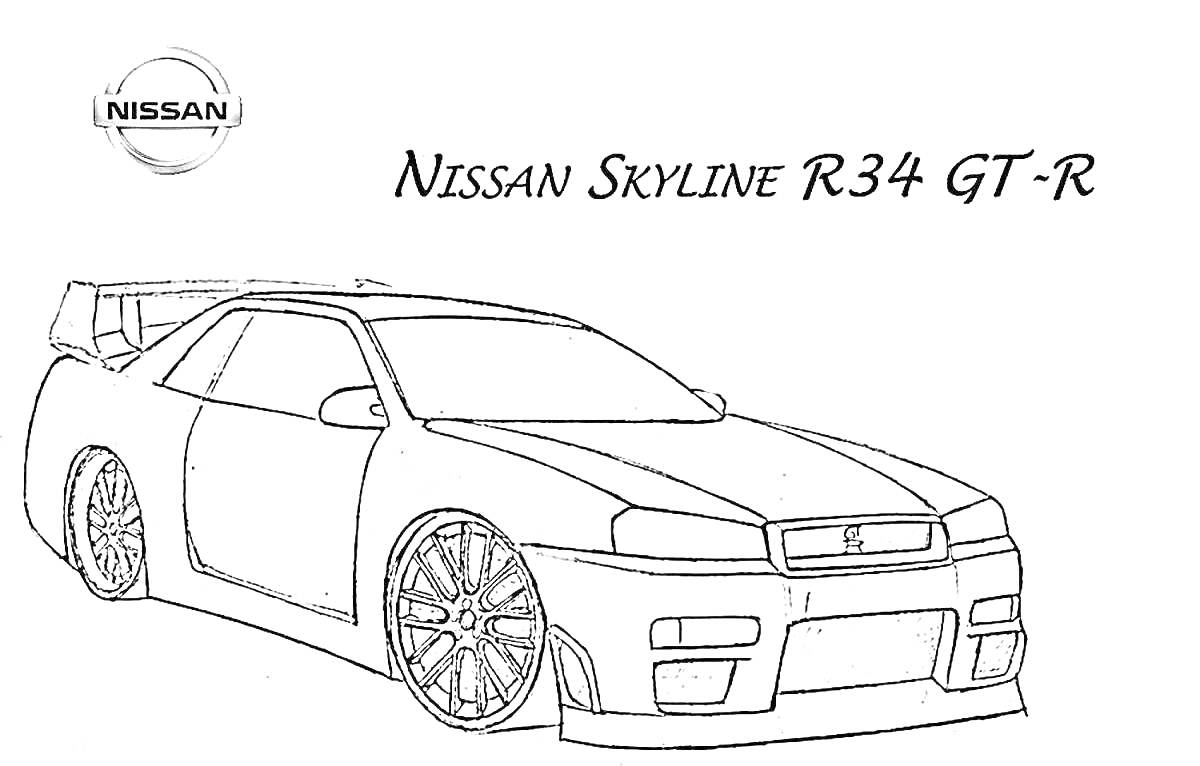 На раскраске изображено: Nissan, Skyline, R34, Спортивная машина