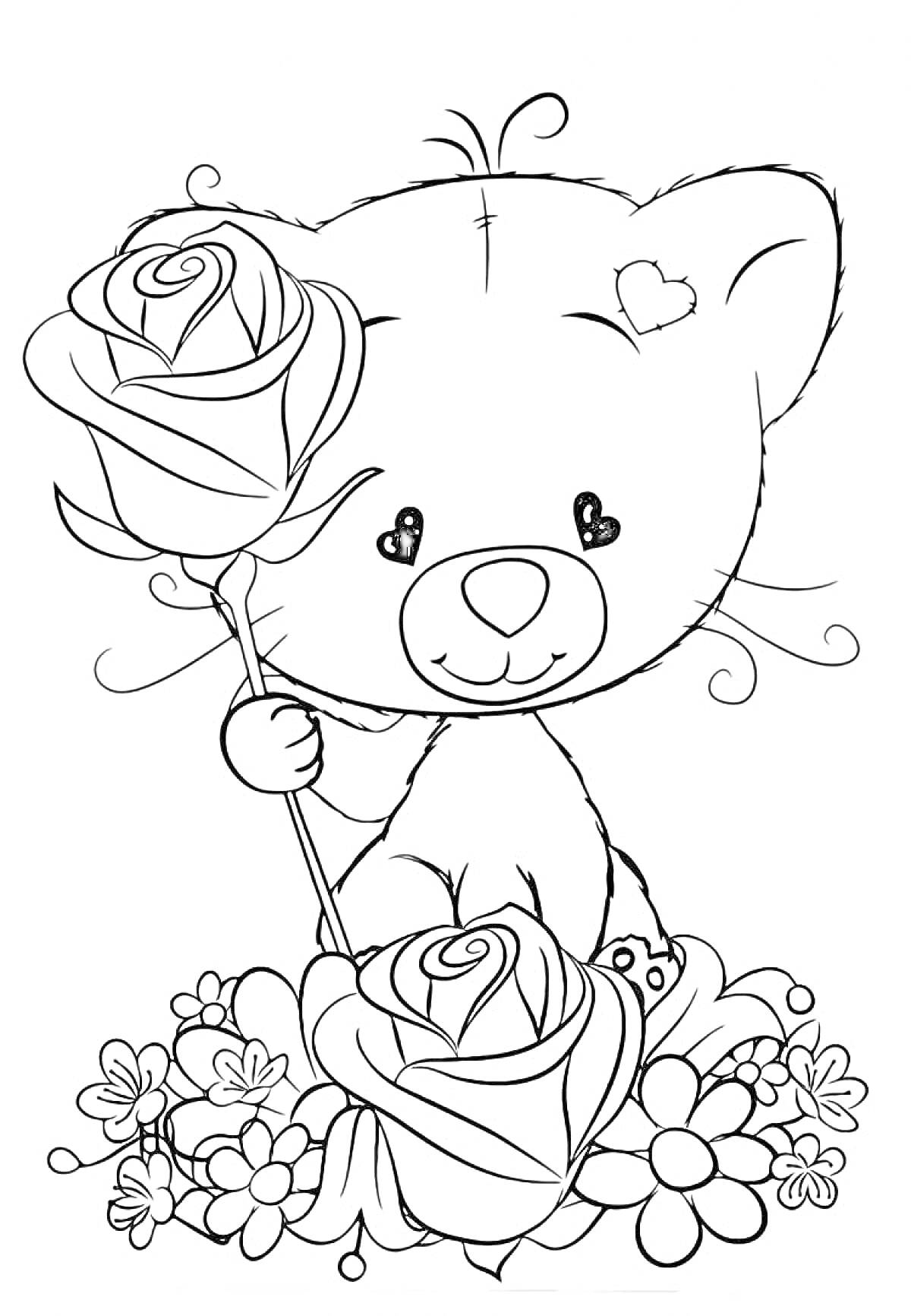Раскраска Милый котенок с цветами, розы и цветочки