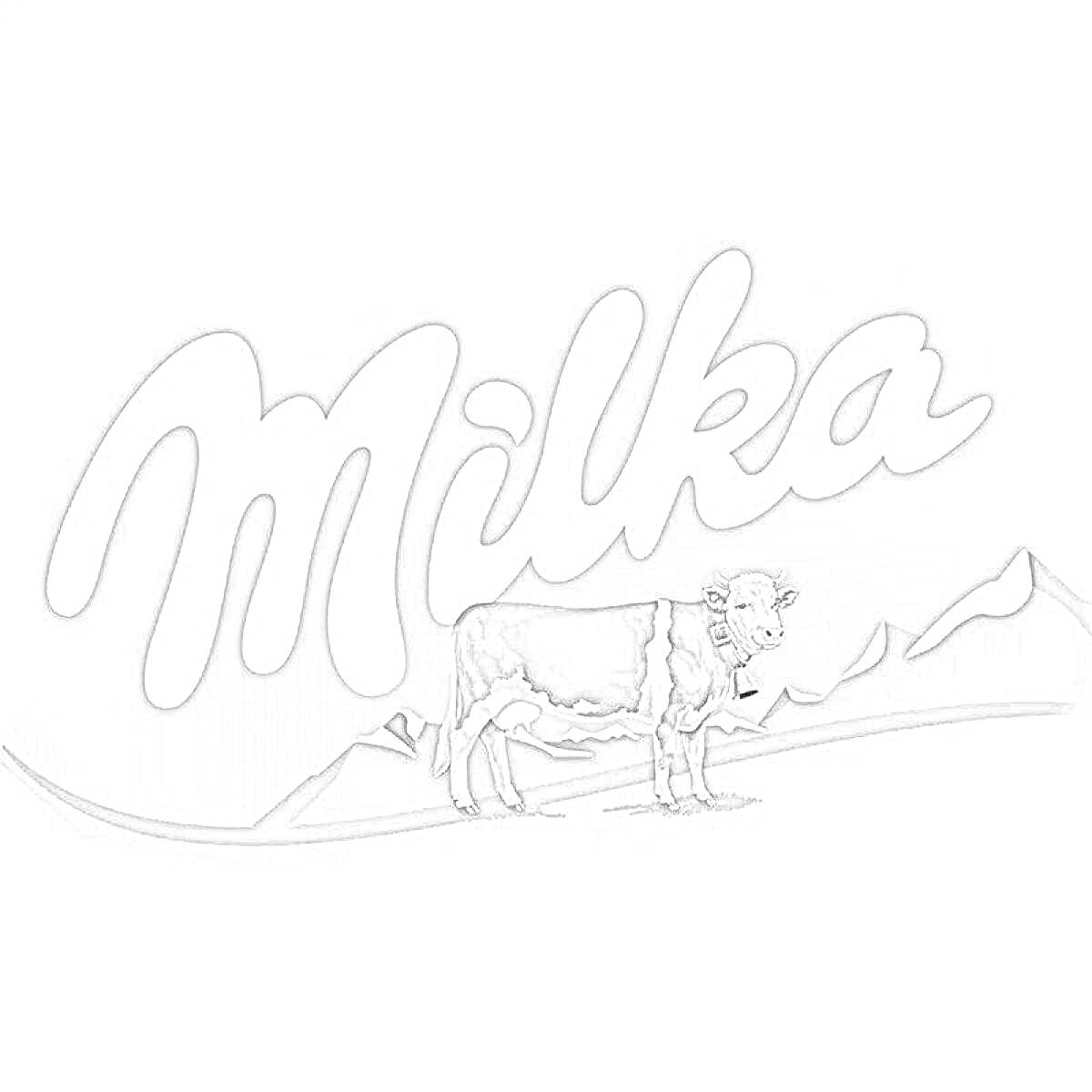 На раскраске изображено: Milka, Корова, Горы, Шоколад, Бренд