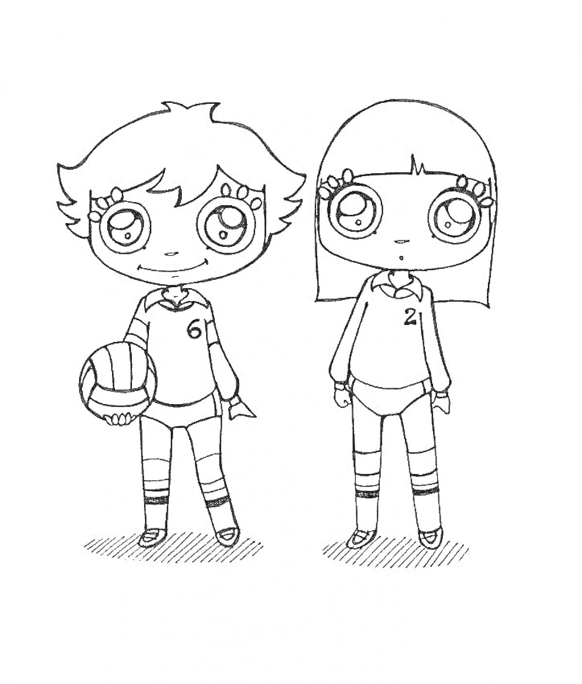 Раскраска Два персонажа из Poppy Playtime в спортивной форме с мячом