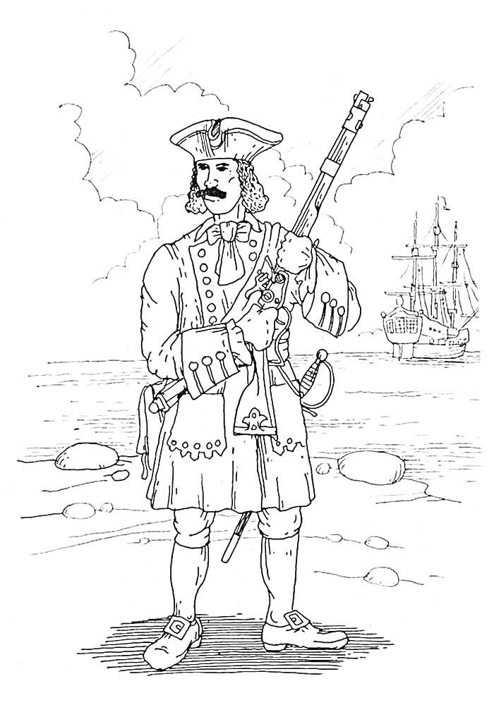 На раскраске изображено: Солдат, Мушкет, Море, Берег, Облака, Пейзаж, Исторический костюм, Корабль