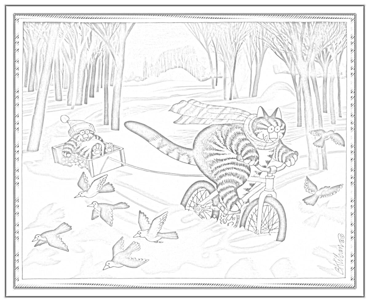 На раскраске изображено: Кот, Велосипед, Зима, Лес, Снег, Деревья
