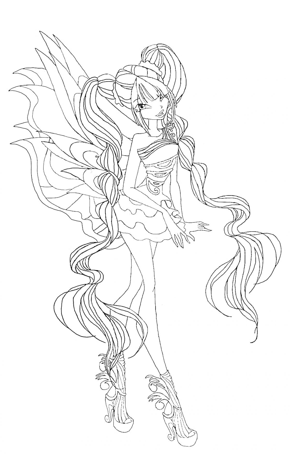 Раскраска Фея Winx в мификсе с длинными волосами и крыльями