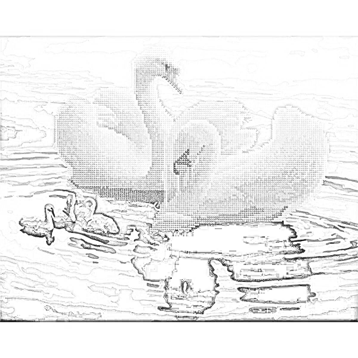 На раскраске изображено: Алмазная мозаика, Вода, Природа, Птица, Лебедь, Птенец