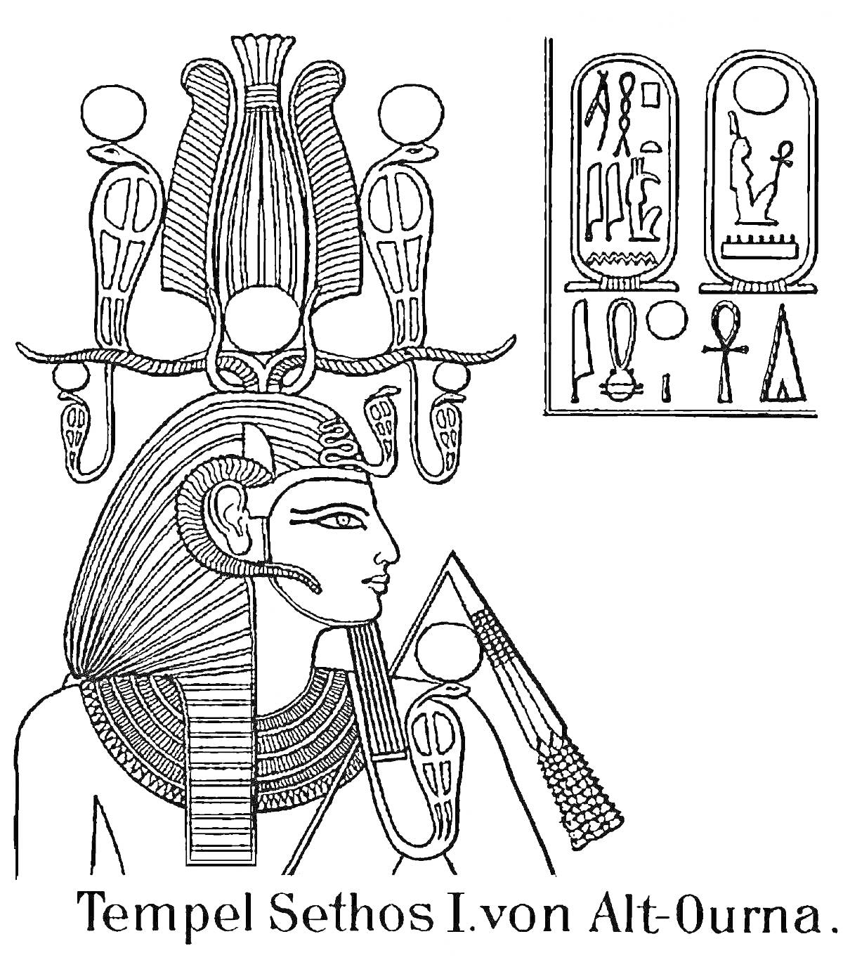 Раскраска Бог Ра с короной и иероглифами из храма Сети I в Луксоре