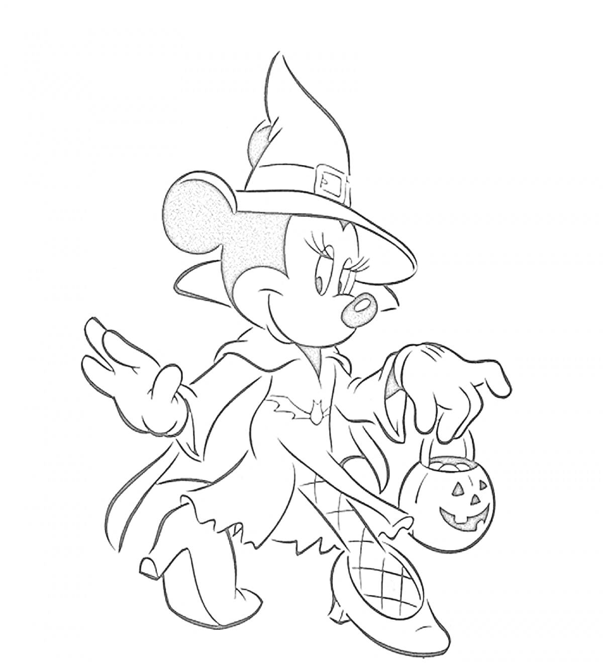 Раскраска Микки Маус в костюме ведьмы с фонарём в виде тыквы для Хэллоуина
