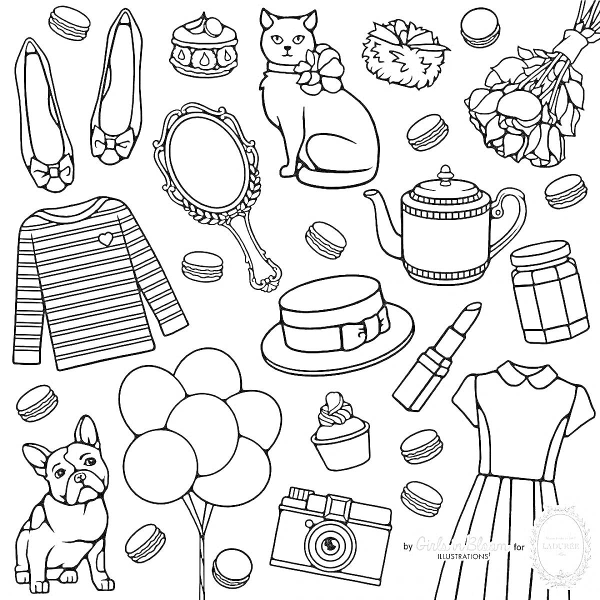 Раскраска Кофейник, шляпа, платье, воздушные шары, магнолия, пончик, конфета, чашка, кошка, петлесн.