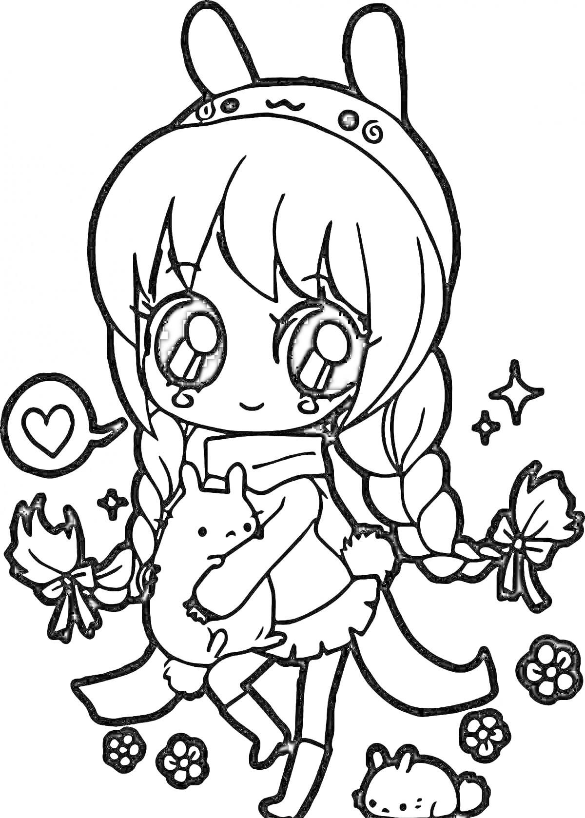 Раскраска Девочка с косичками и зайчиком на голове, держащая игрушки и окружённая цветочками и звёздочками