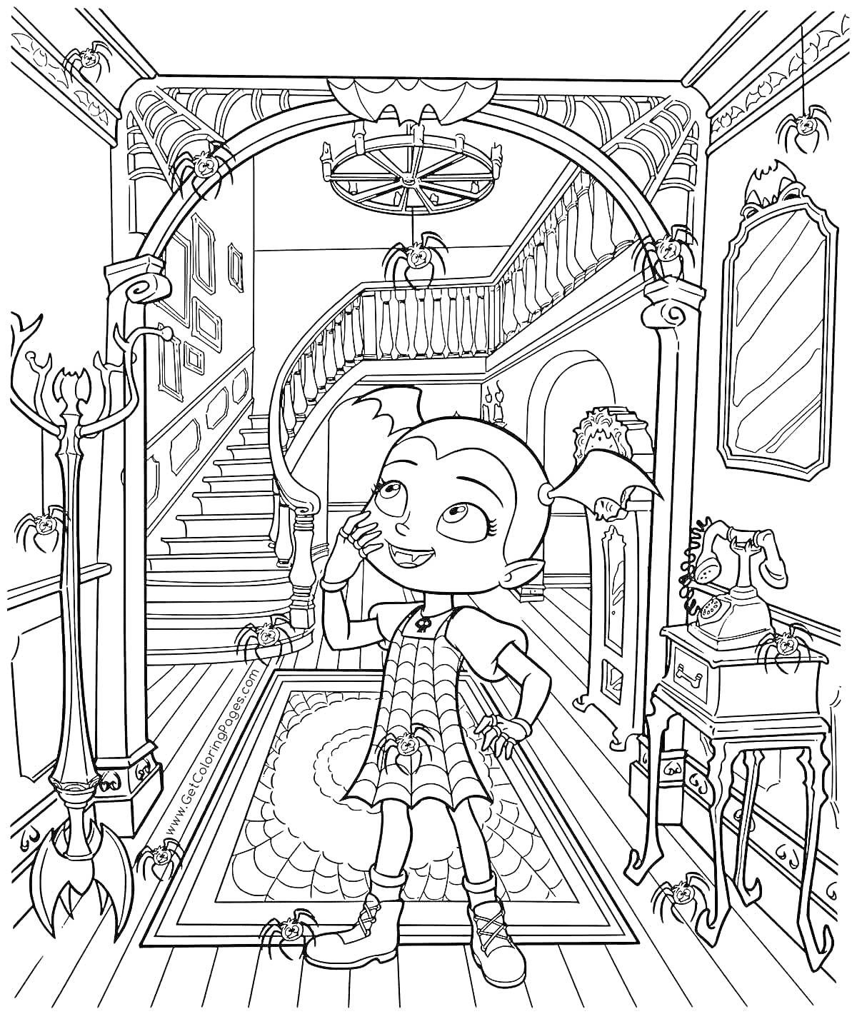 Раскраска Девочка в костюме вампира в старинном особняке с пауками