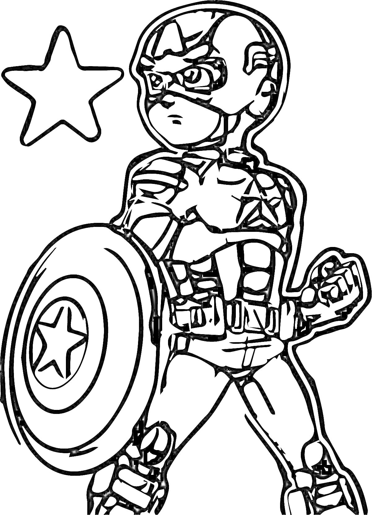 На раскраске изображено: Капитан америка, Щит, Комиксы, Марвел, Для детей, Герой, Звезды, Супергерои