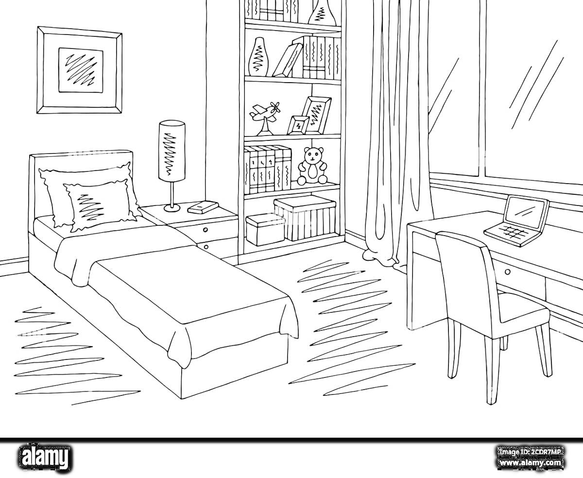На раскраске изображено: Спальня, Подушка, Лампа, Прикроватная тумбочка, Книжный шкаф, Игрушки, Письменный стол, Стул, Ноутбук