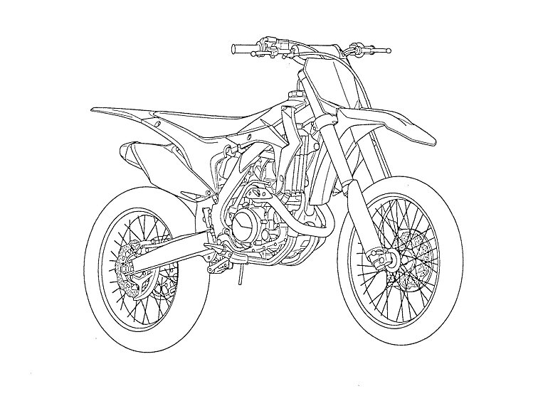 Раскраска мотоцикла с деталями рамы, колес, руля, двигателя и подвески