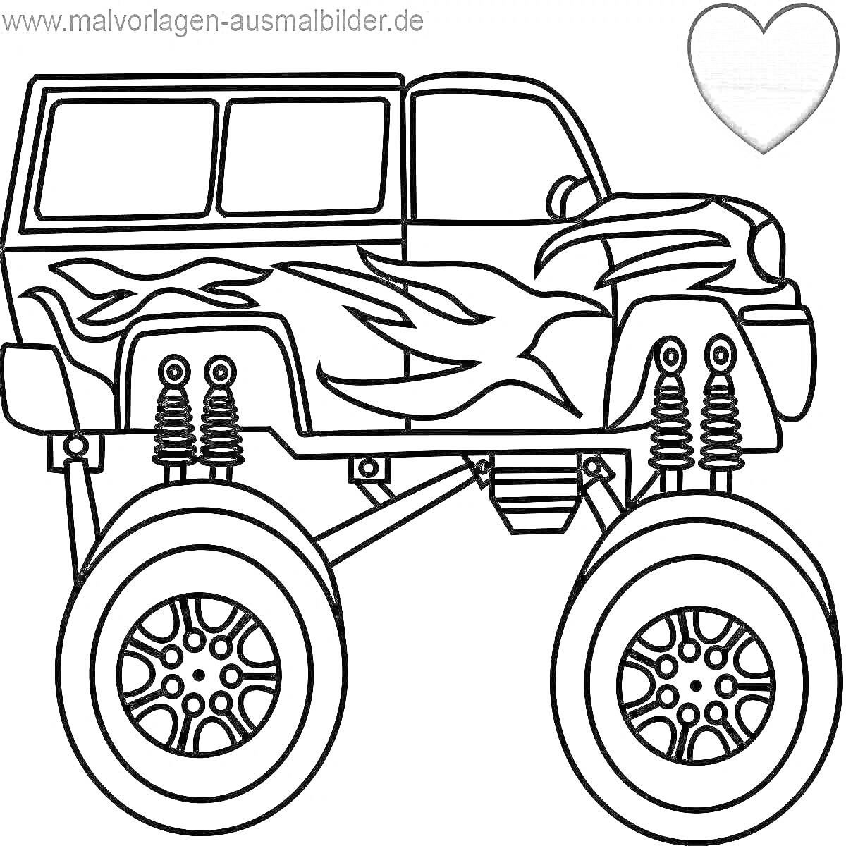 Раскраска Монстр-трак: джип с огненным узором, огромными подвесками и колесами, сердце.