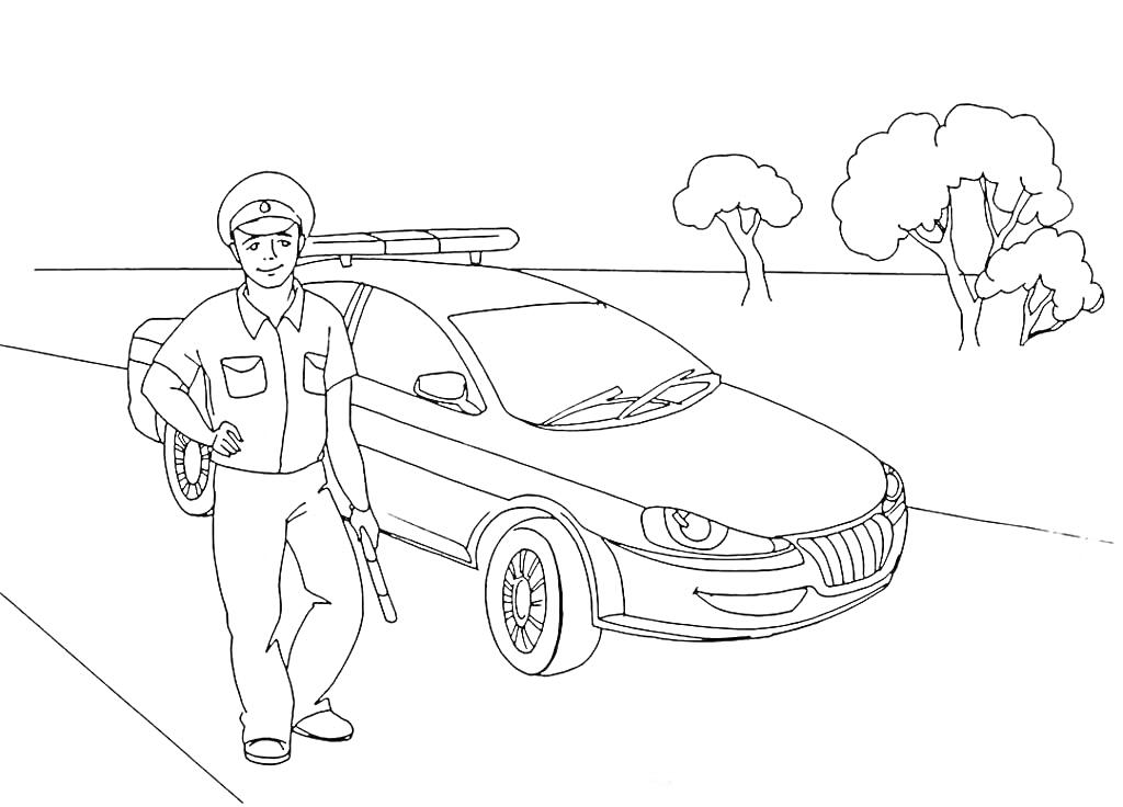 Раскраска Полицейский и патрульная машина на дороге с деревьями