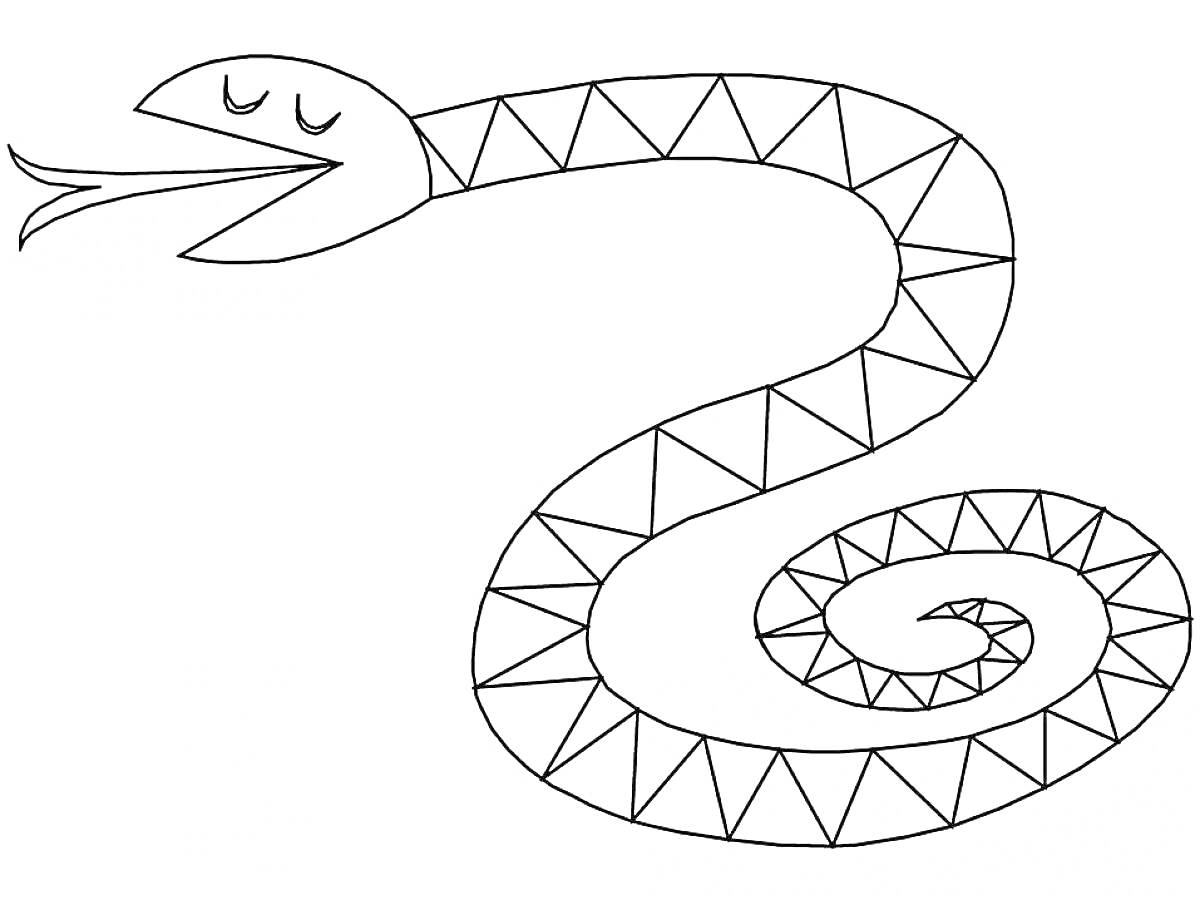 Раскраска Змея с треугольным узором, открытым ртом и высунутым языком, завита в спираль