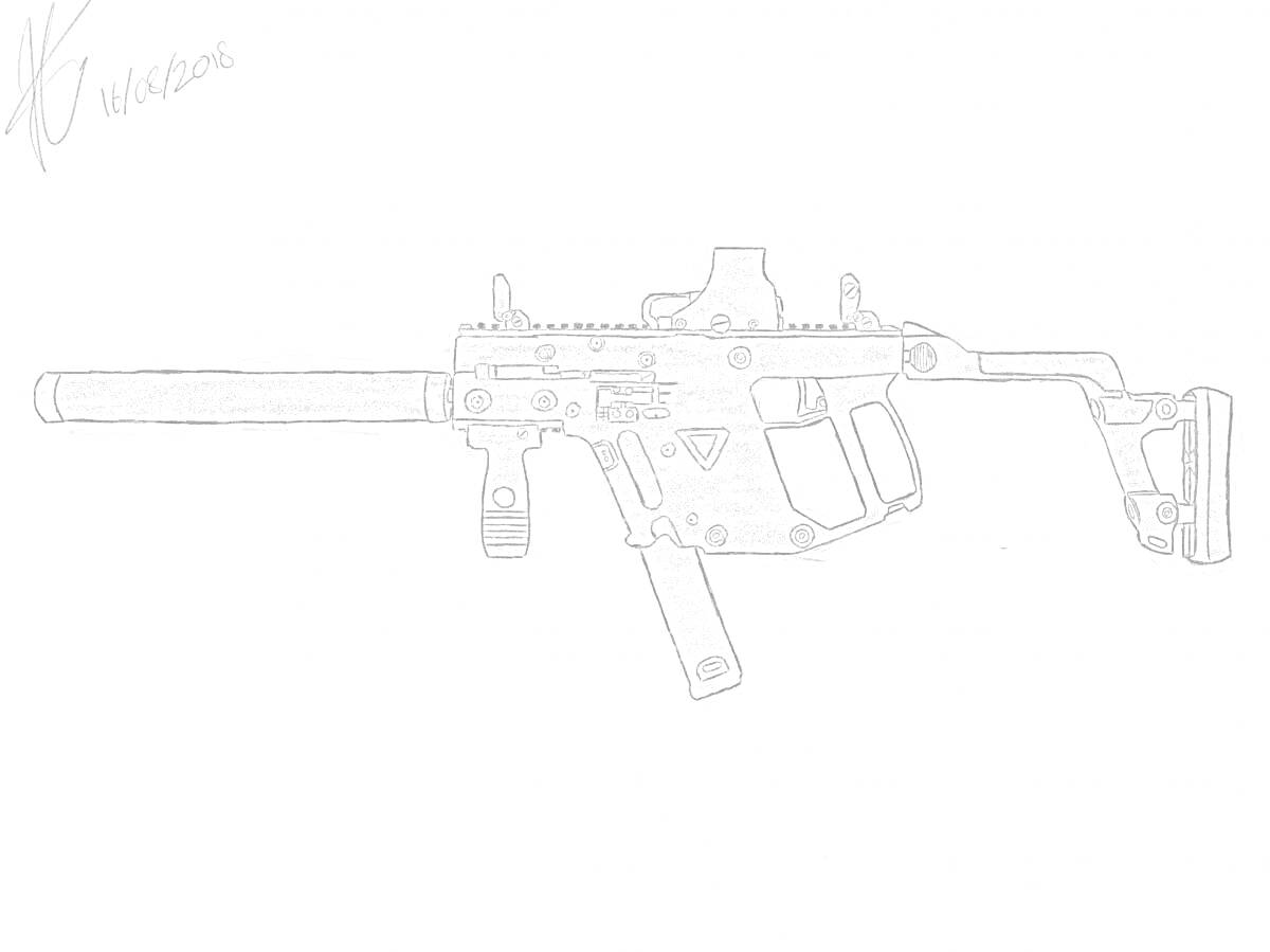 На раскраске изображено: Оружие, Пистолет-пулемет, Глушитель, Оптический прицел