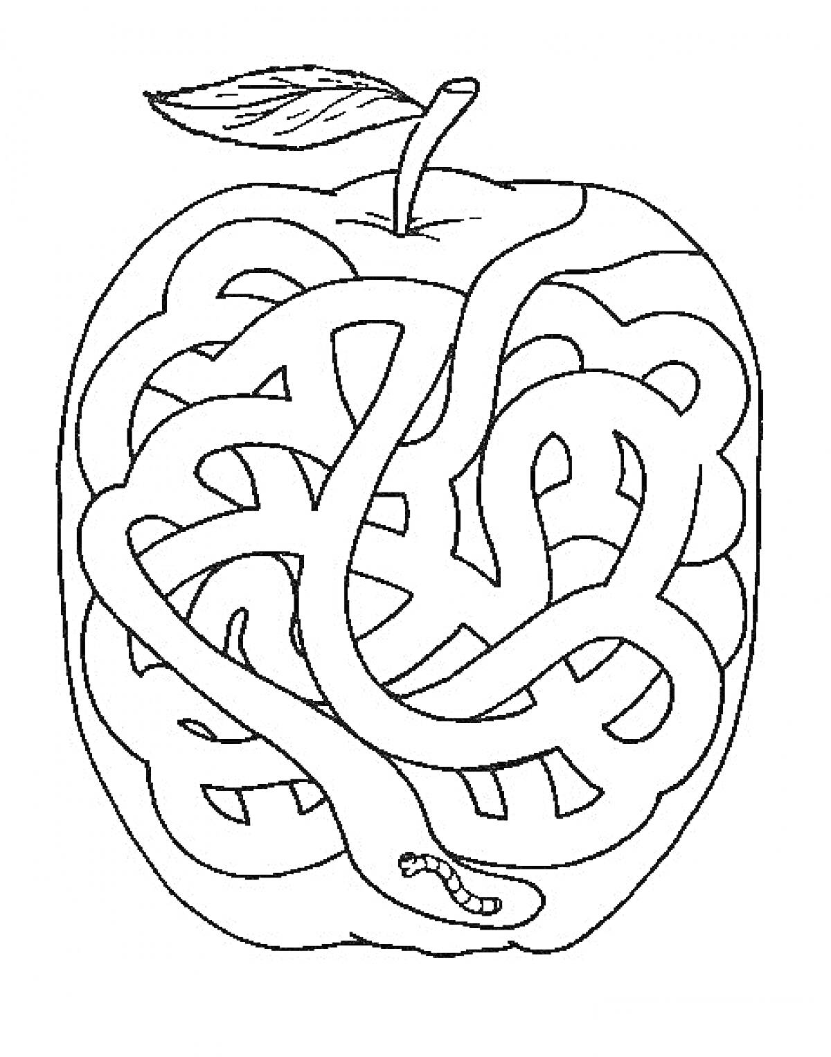 Раскраска Лабиринт в форме яблока с червяком внутри