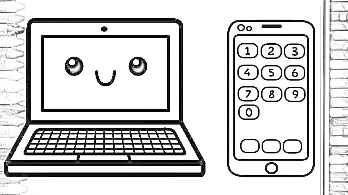 Раскраска Ноутбук и мобильный телефон с улыбающимися лицами, расположенные между цветными карандашами